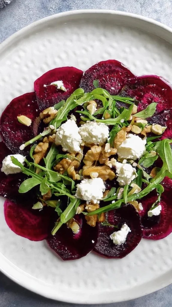 Beet carpaccio with goat cheese, arugula and walnuts
