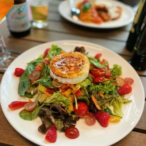 Salad topped with warm goat cheese